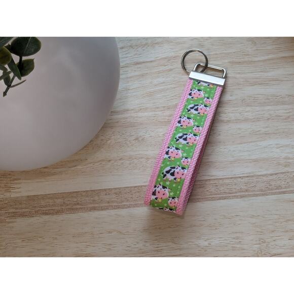 Cow Keychain Wristlet Fabric Key FOB Cotton Webbing Farm Animal Farmhouse Gift - Picture 3 of 8